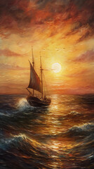 Digital painting of a sailing ship on a sunset