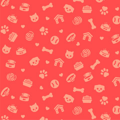 Red pet icons pattern. Dog and cat related seamless pattern. Animal flat vector illustrations