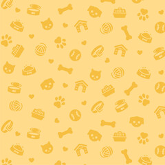 Yellow pet icons pattern. Dog and cat related seamless pattern. Animal flat vector illustrations