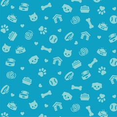 Blue pet icons pattern. Dog and cat related seamless pattern. Animal flat vector illustrations
