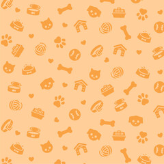 Orange pet icons pattern. Dog and cat related seamless pattern. Animal flat vector illustrations