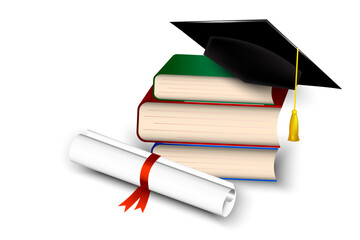 Greeting banner for design of graduation. 3d graduation cap, books, and graduation scroll. Congratulations graduates.Vector illustration. 