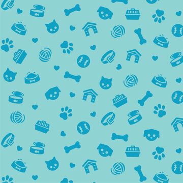 Blue pet icons pattern. Dog and cat related seamless pattern. Animal flat vector illustrations