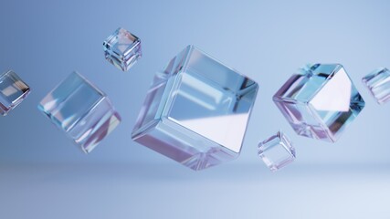 Crystal cubes floating in the air. Dispersion refraction translucent creative background. 3d rendering of fantasy concept of glass blocks bouncing. Light blue shades elegant relaxing backdrop