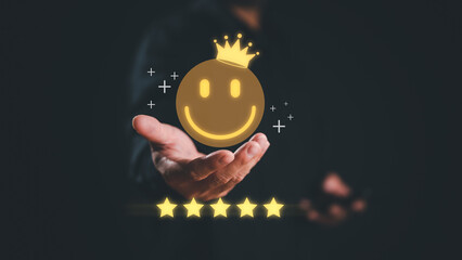 Businessman showing happy smile relax face, good feedback rating, think positive, customer review, assessment, satisfaction, world mental health day, Calm mood, good mental health, good mood. 5-star