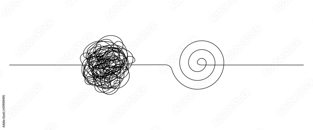 Poster Chaotically tangled line and spiral knot in form of circle. The concept of solving problems is easy. Doodle vector illustration Generative AI