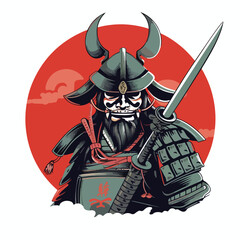 Japanese samurai warrior wearing armor and traditional oni mask devil and holding katana sword vector illustration