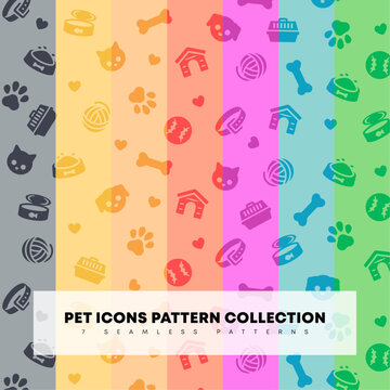 Pet icons pattern collection. Dog and cat related seamless pattern set. Animal flat vector illustrations