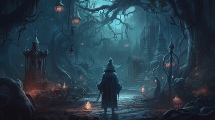 wizard on demonic forest, digital art illustration, Generative AI