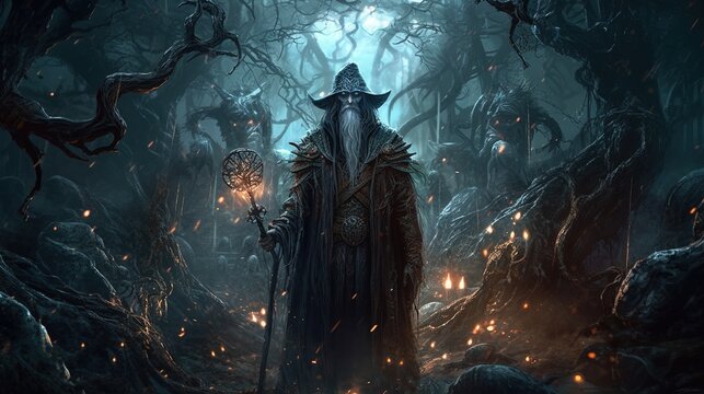 wizard on demonic forest, digital art illustration, Generative AI