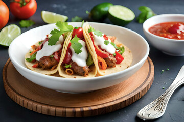 Mexican tacos with beef, tomatoes, avocado, onion and salsa sauce, generative AI