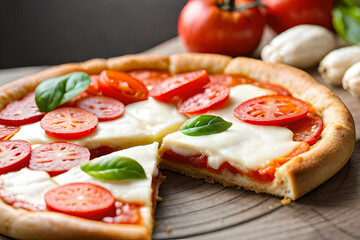 Fototapeta na wymiar Italian hot pizza with mozarella, olives and tomato, generative AI