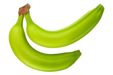 Bananas. Two green, yellow bananas. Fresh organic banana. Raw tropical fruit. Vegetarian diet. Whole unpeeled banana. Good for snack. Food photography. PNG Isolated background. High resolution photo