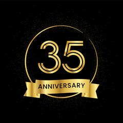 35 years anniversary inside a golden circle and glitter spread on a black background. Golden number anniversary
