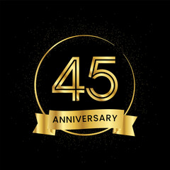 45 years anniversary inside a golden circle and glitter spread on a black background. Golden number anniversary