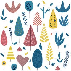 Trees and plants doodle handdrawn pattern. Cute drawn trees background.