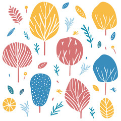 Trees and plants doodle handdrawn pattern. Cute drawn trees background.