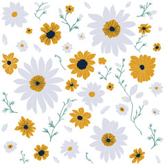 Sunflower and white daisy pattern. Hand drawn floral doodles, sunflower, white daisy, leaves.