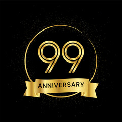 99 years anniversary inside a golden circle and glitter spread on a black background. Golden number anniversary