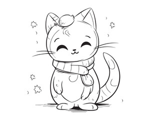  A cute silhouette cat. Coloring pages of winter cat line art vector.