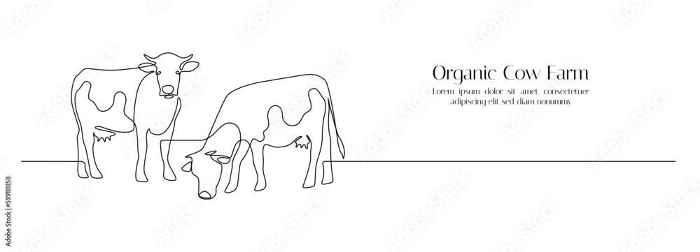 Poster cows on pasture in one continuous line drawing. milk calf animal grazing symbol and beef meat farm c