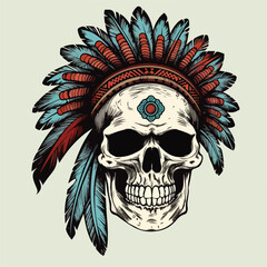 Vector illustration of skull head aborogin apache native american indian face with feather hat traditional ethnic culture