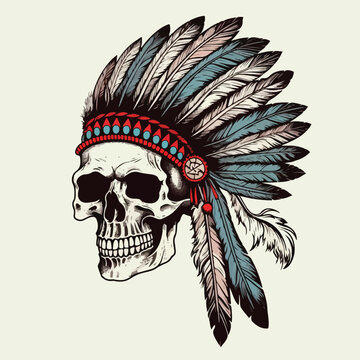 Vector illustration of skull head aborogin apache native american indian face with feather hat traditional ethnic culture