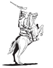 Comics style drawing or illustration of a cowboy holding up rifle riding prancing horse viewed from rear on isolated background done in black and white retro style.
