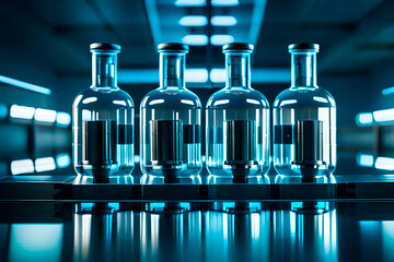 The dramatic lighting in the pharmaceutical laboratory highlighted the intricate details of the bioreactors, showcasing their advanced technology.