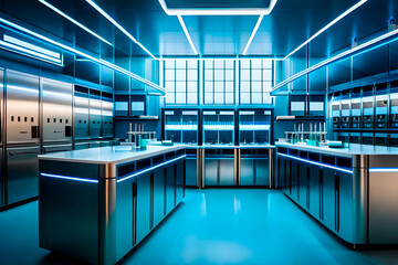 The futuristic pharmaceutical laboratory with glowing benchtop bioreactors produces advanced medicines for a healthier future, captured in stunning product photography under dramatic lighting.