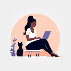 vector illustration, woman working sitting on laptop