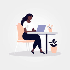 woman working sitting on laptop, vector illustration