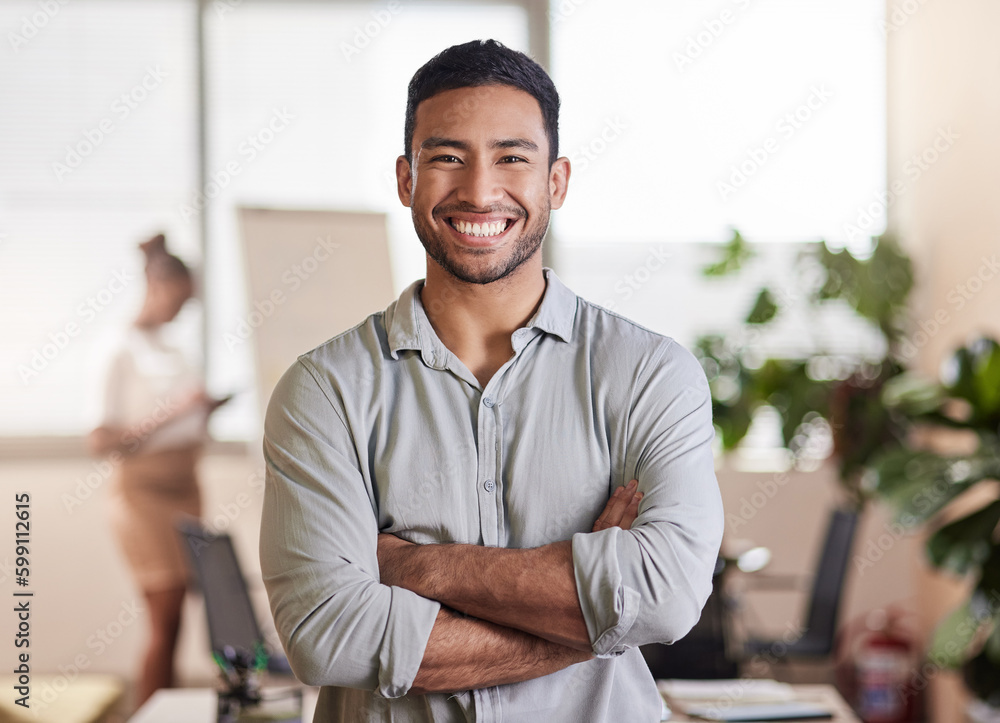 Poster putting the work for a successful future. a young businessman in his office.