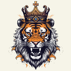 Colorful angry tiger king wearing crown for t-shirt design wallpaper and tattoo concept vector illustration