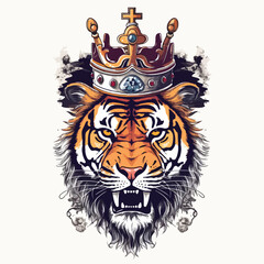 Colorful angry tiger king wearing crown for t-shirt design wallpaper and tattoo concept vector illustration