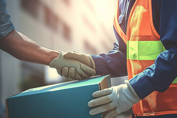 Asian delivery men wearing masks and blue uniform gloves were holding cardboard boxes in the front house. The man accepted the boxer's box. Two people shake hands