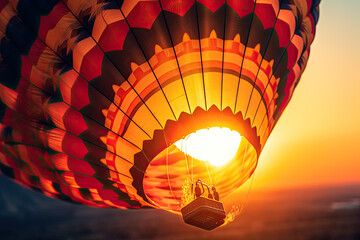 Hot air balloon above high mountain at sunset