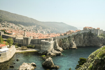 Great Walls of the Old town of Dubrovnik, Croatia, seen from above with the Adriatic see in the...