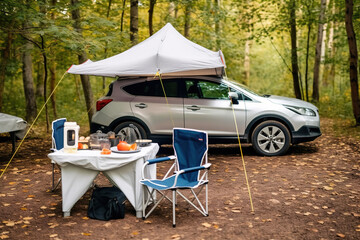 enjoying, relaxing nature in the pine forest. Camping summer activities. Adventure travel with car, tent