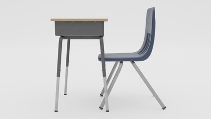 chair and school desk isolated on white background in side view.