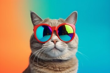 sunglasses portrait animal pet cute neon fashion colourful funny cat. Generative AI.