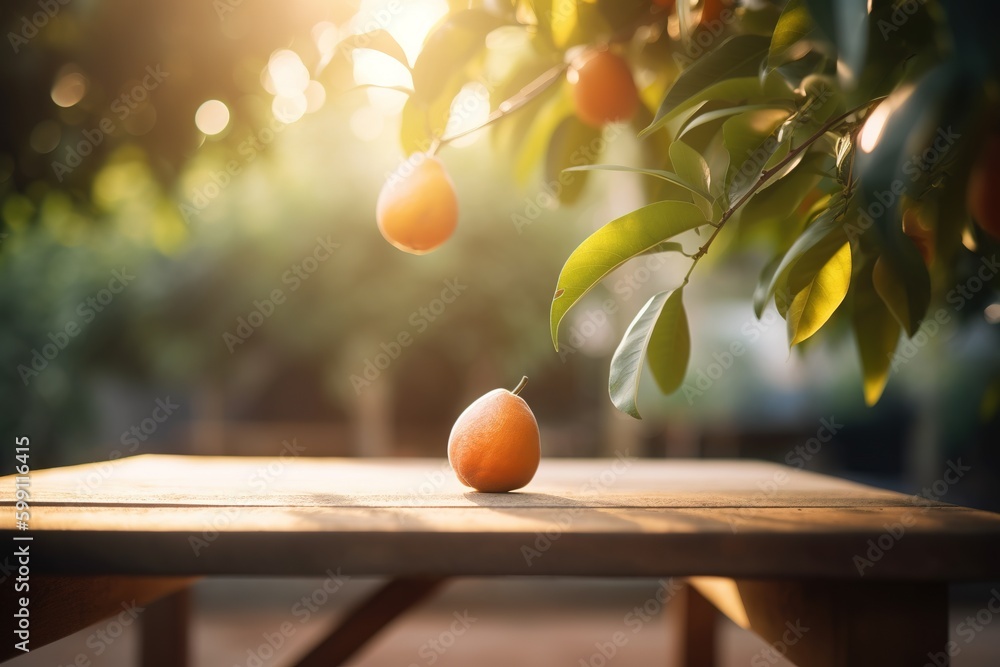 Poster there are two oranges sitting on a table under a tree. generative ai