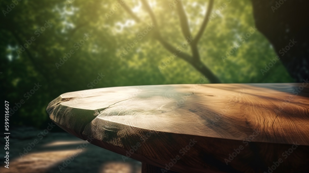 Poster a forest is seen in the background of a table made of wood. generative ai