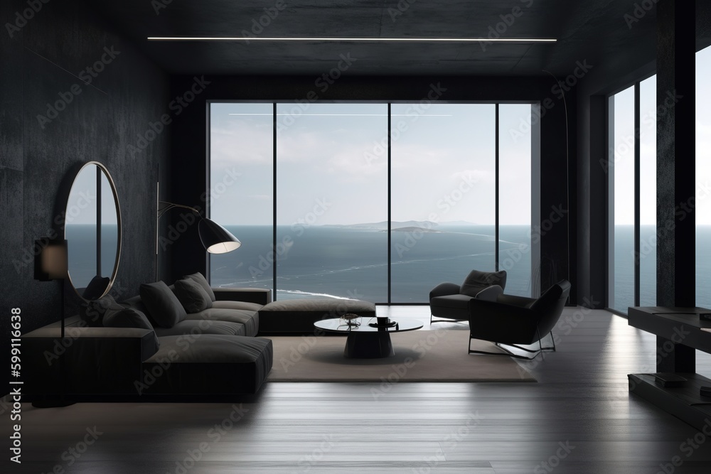 Poster a living area that has a huge window with a view of the sea generative ai