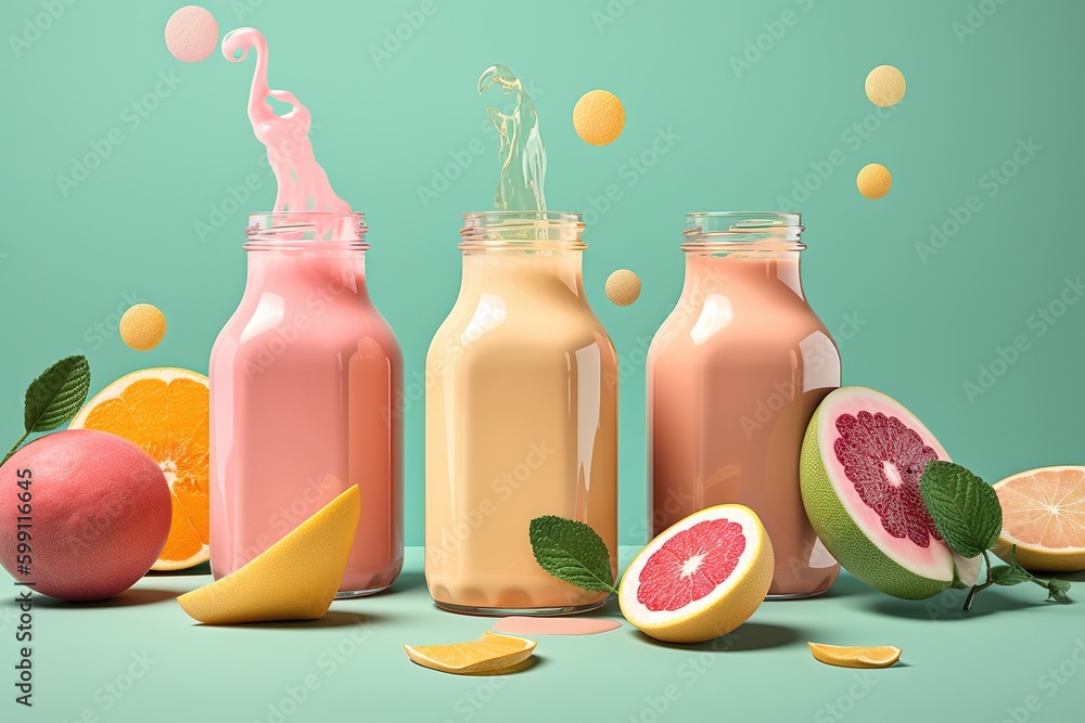 Poster a number of distinct kinds of fruit juice all together generative ai