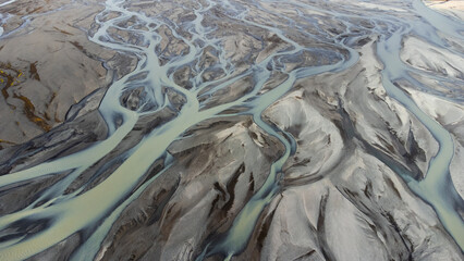 Glacial Rivers from Above, Aerial View of the River Streams from Icelandic Glaciers. Beautiful Art of the Mother Nature Created in Iceland. Wallpaper Background 