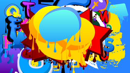 Fototapeta premium Blue Speech Bubble Graffiti with abstract colorful Background. Urban painting style backdrop. Discussion symbol in modern dirty street art decoration.