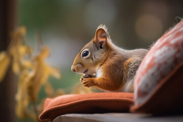 cute squirrel playing on the pillow