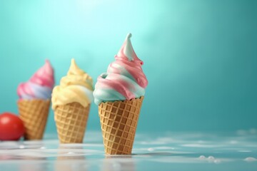Colored ice cream cone on blue background, digital illustration. Generative AI