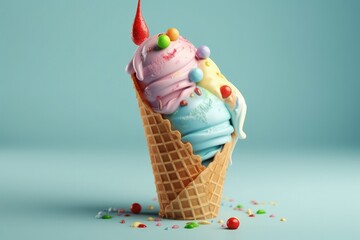 Colored ice cream cone on blue background, digital illustration. Generative AI